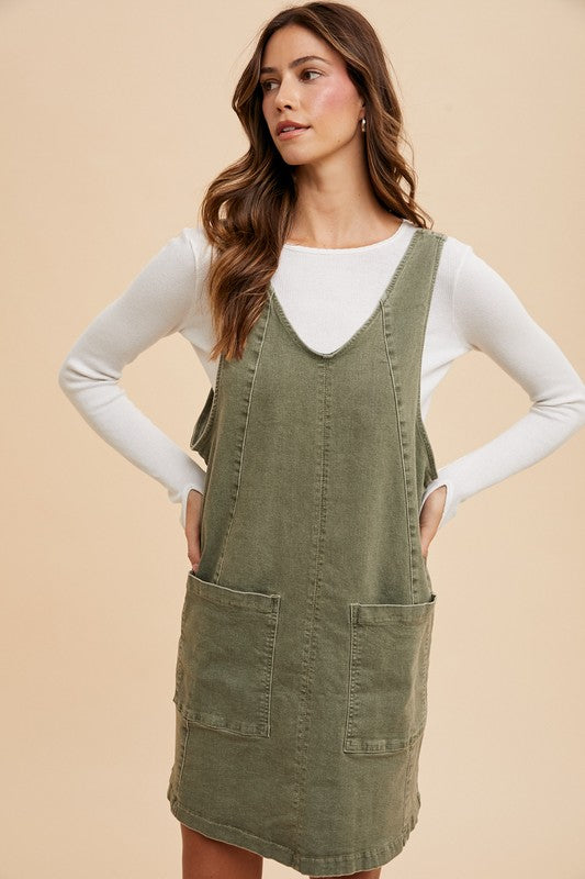 Manni Denim Overall Dress - Army Green Seasons By Jubilee Manni Denim Overall Dress - Army Green Seasons By Jubilee